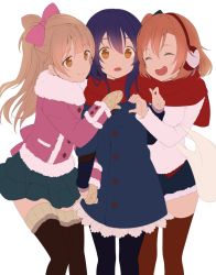  10s ^_^ blue_hair brown_eyes brown_hair closed_eyes dress earmuffs everyone closed_eyes gloves holding_hands heart hitsu honoka hug jacket kousaka long_hair love_live! love_live!_school_idol_festival love_live!_school_idol_project minami_kotori orange_hair pantyhose ribbon scarf short_hair shorts side_ponytail skirt smile sonoda_umi thighhighs winter 