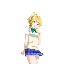  1girl ayase_eli blonde_hair blue_eyes blue_skirt blush bow bowtie breasts brown_sweater_vest cowboy_shot diagonal-striped_bow diagonal-striped_bowtie diagonal-striped_clothes from_below green_bow green_bowtie hair_ornament hair_scrunchie hand_up looking_at_viewer looking_down love_live! love_live!_school_idol_festival love_live!_school_idol_project miniskirt official_art open_mouth otonokizaka_school_uniform plaid_clothes plaid_skirt pleated_skirt ponytail school_uniform scrunchie shirt short_sleeves skirt smile solo striped_clothes summer_uniform sweater_vest teeth transparent_background upper_teeth_only white_scrunchie white_shirt 