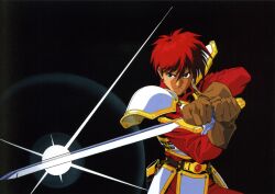  1990s_(style) 1boy adol_christin armor black_background black_eyes brown_gloves cuirass faulds gloves highres holding holding_sword holding_weapon houtani_yukitoshi long_sleeves non-web_source official_art pauldrons red_hair retro_artstyle scabbard scan serious sheath short_hair shoulder_armor simple_background solo sword two-handed weapon ys ys_iv_dawn_of_ys 