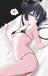 1girl absurdres ass bikini black_bikini blue_archive breasts closed_mouth double_bun grey_halo hair_bun halo heart highres kisaki_(blue_archive) light_blush loli looking_at_viewer lying navel on_back on_bed ritaiya small_breasts solo speech_bubble spoken_heart swimsuit rating:Questionable score:69 user:danbooru