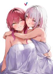  2girls :q absurdres afterglow arms_around_neck bed_sheet breasts commentary dark_persona english_commentary gawr_gura grey_hair heart heterochromia highres hololive hololive_english houshou_marine implied_after_sex large_breasts long_hair looking_at_another multicolored_hair multiple_girls naked_sheet nude pepq red_eyes red_hair reflect_(gawr_gura) shinkiro_(hololive) short_hair simple_background small_breasts streaked_hair tongue tongue_out virtual_youtuber white_background yellow_eyes yuri 
