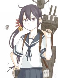  1girl akebono_(kancolle) bell blue_sailor_collar blue_skirt character_name closed_mouth commentary dated flower hair_bell hair_flower hair_ornament holding jingle_bell kantai_collection kawashina_(momen_silicon) long_hair looking_at_viewer pleated_skirt purple_eyes purple_hair red_flower sailor_collar school_uniform serafuku short_sleeves side_ponytail simple_background skirt solo very_long_hair 