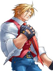  1boy absurdres belt black_gloves blonde_hair blue_eyes buttoned_cuffs buttons clenched_hand cowboy_shot denim edaki_shin&#039;ya fingerless_gloves fist_bump from_side game_cg gloves highres jeans justice_gakuen male_focus moero!_justice_gakuen necktie non-web_source official_art pants roy_bromwell short_hair simple_background sleeves_rolled_up smile solo standing teeth veins veiny_hands vest waistcoat white_background 