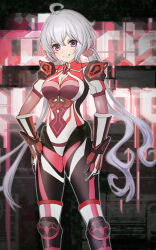  1girl ahoge aqoxy black_bodysuit black_bow bodysuit bow breasts cleavage closed_mouth commentary_request cowboy_shot grey_hair highres large_breasts long_hair looking_at_viewer multicolored_bodysuit purple_eyes red_bodysuit senki_zesshou_symphogear smile solo twintails very_long_hair white_bodysuit yukine_chris 
