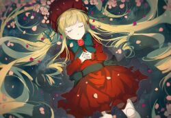  afloat black_bow black_sash blonde_hair bonnet bow closed_eyes commentary_request doll_joints dress feet_out_of_frame fine_art_parody flower flower_on_liquid hands_on_own_stomach highres joints juliet_sleeves long_hair long_sleeves lying lying_on_water on_back ophelia_(painting) parody parted_lips petals petals_on_liquid pudding_(8008208820) puffy_sleeves red_bonnet red_dress red_flower red_rose ripples rose rozen_maiden sash very_long_hair waist_sash water 