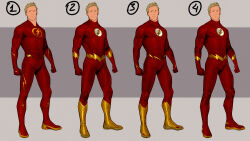  1boy absurdres barry_allen blonde_hair boots dc_comics filipe_sca formal_clothes gloves gold_belt gold_boots highres looking_at_viewer male_focus multiple_views muscular muscular_male red_gloves red_suit short_hair simple_background suit superhero_costume tagme the_flash 