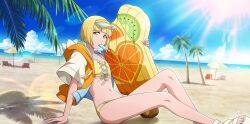  1girl beach beach_chair beach_umbrella bikini bleach bleach:_brave_souls bleach:_sennen_kessen-hen blonde_hair blue_sky buoy cropped_jacket female_focus flat_chest food holding liltotto_lamperd medium_hair ocean official_art palm_leaf palm_tree popsicle quincy_(bleach) sand sandles sky sternritter sun sunlight swimsuit tree umbrella visor_cap yellow_eyes 
