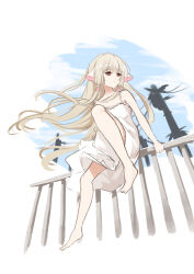  1girl absurdres barefoot blue_sky brown_hair chii chobits dress fall_(5754478) full_body hair_tubes highres long_hair no_pupils on_railing outdoors persocom_(chobits) power_lines railing robot_ears sitting sky solo spaghetti_strap sundress utility_pole very_long_hair white_dress 