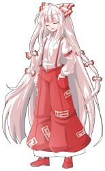  1girl alphes_(style) bow closed_eyes collared_shirt commentary_request dairi flat_chest fujiwara_no_mokou full_body hair_bow hand_in_pocket hand_on_own_face long_hair long_sleeves multiple_hair_bows ofuda ofuda_on_clothes pants parody red_bow red_pants red_suspenders red_trim shirt smile solo style_parody suspenders touhou transparent_background two-tone_bow very_long_hair white_bow white_hair white_shirt 