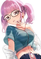  1girl absurdres blue_pants blue_shirt breasts commentary_request crop_top crop_top_overhang cropped_shirt earphones girls_band_cry grey_eyes highres hina_(girls_band_cry) iseri_nina jacket looking_at_viewer medium_breasts medium_hair midriff nanafuku navel off_shoulder pants pink_hair shirt short_twintails simple_background solo striped_clothes striped_shirt tongue tongue_out twintails white_background white_jacket 