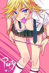 10s 1girl bent_over blonde_hair blue_eyes blush bow bow_panties bracelet breasts bubuzuke character_name condom condom_in_mouth condom_wrapper downblouse earrings female_focus heart highres jewelry kneehighs long_legs looking_at_viewer medium_breasts mouth_hold necktie nipple_slip nipples no_bra panties panty_&amp;_stocking_with_garterbelt panty_(psg) panty_pull pink_panties plaid_clothes plaid_skirt pussy_juice pussy_juice_trail shiny_skin shirt skirt socks solo underwear undone_necktie white_shirt rating:Explicit score:306 user:danbooru