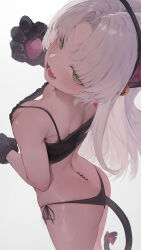 1girl absurdres anal_beads anal_tail animal_ear_hairband animal_ears animal_hands bikini black_bikini blush breasts butt_plug carlotta_(wuthering_waves) cat_ear_hairband cat_ears cat_paws cat_tail downblouse fake_animal_ears fake_tail fang from_above gloves green_eyes grey_hair hairband highres long_hair looking_at_viewer open_mouth parted_bangs paw_gloves skin_fang small_breasts smile solo string_bikini swimsuit tacet_mark_(wuthering_waves) tail wuthering_waves xaea_xp rating:Questionable score:109 user:danbooru