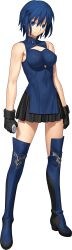  1girl black_gloves black_skirt black_socks black_thighhighs blue_boots blue_eyes blue_hair boots breasts ciel_(tsukihime) cleavage cleavage_cutout closed_eyes clothing_cutout dot_nose female_focus full_body gloves highres kneehighs legs long_image looking_at_viewer medium_breasts miniskirt official_art pleated_skirt powered_ciel shirt short_hair simple_background skirt sleeveless smile socks solo solo_focus takeuchi_takashi thigh_boots thighhighs thighs tsukihime tsukihime_(remake) type-moon white_shirt zettai_ryouiki 
