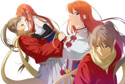  1boy 1girl 523_rim aged_up anger_vein black_gloves blue_sash breasts brown_hair china_dress chinese_clothes dress elbow_gloves eye_contact face-to-face floating_hair gintama gintama_movie_2:_yorozuya_yo_eien_nare gloves hetero highres japanese_clothes kagura_(gintama) kimono long_hair long_sleeves looking_at_another looking_at_viewer medium_breasts multiple_views official_alternate_costume okita_sougo open_mouth orange_hair parted_lips ponytail profile red_eyes red_kimono sash scarf sleeveless sleeveless_dress tangzhuang toggles white_background white_dress yellow_scarf 