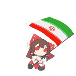  1girl black_socks brown_hair closed_mouth expressionless flag full_body fumo_(doll) hair_tubes hakurei_reimu holding holding_flag iran iranian_flag japanese_clothes jitome kimono long_sleeves maasu_(crax8834) mixed-language_commentary red_eyes red_skirt sidelocks simple_background skirt socks solo touhou white_background white_kimono 