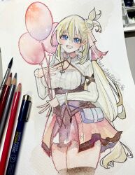  1girl agnes_claudel art_tools_in_frame balloon blonde_hair blue_eyes breasts bun_with_braided_base commentary_request corset dated dress eiyuu_densetsu hair_bun highres holding holding_balloon kai_no_kiseki kuro_no_kiseki_(series) large_breasts long_hair looking_at_viewer meskymeee open_mouth photo_(medium) shrug_(clothing) single_side_bun smile solo standing traditional_media very_long_hair white_background white_shrug 