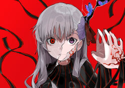  1girl absurdres black_dress blue_butterfly bug butterfly commentary corruption crack cracked_glass dark_sakura dress dual_persona fate/stay_night fate_(series) hair_ribbon heaven&#039;s_feel highres insect light_smile long_hair matou_sakura open_mouth purple_eyes purple_hair red_background red_eyes red_ribbon reflection ribbon sad white_hair yuhezi 