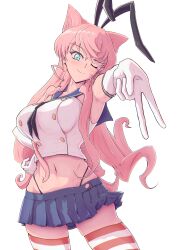  1girl absurdres animal_ear_hairband animal_ears black_necktie blue_sailor_collar blue_skirt breasts cosplay crop_top crossed_bangs double-parted_bangs elbow_gloves fake_animal_ears floating_hair gloves green_eyes hair_between_eyes hairband highres horizontal-striped_thighhighs kantai_collection large_breasts maria_cadenzavna_eve microskirt midriff navel necktie no_dickey nullmiya one_eye_closed rabbit_ear_hairband rabbit_ears sailor_collar senki_zesshou_symphogear shimakaze_(kancolle) shimakaze_(kancolle)_(cosplay) sidelocks simple_background skirt solo striped_clothes striped_thighhighs thighhighs upper_body v white_background white_gloves 