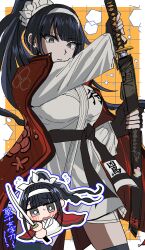  absurdres black_gloves black_hair black_thighhighs blush breasts cape chibi chibi_inset dougi fingerless_gloves gloves grey_eyes headband highres holding holding_sword holding_weapon jitsu_(g2jitsu_jitsune) katana large_breasts long_hair looking_at_viewer magadori_kyoshika martial_arts_belt ponytail red_cape sheath sword the_hundred_line_-last_defense_academy- thighhighs unsheathing weapon white_headband 