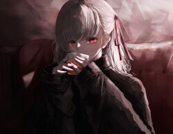  1girl absurdres black_shirt celly_(mogmog_99) commentary couch cup dark_sakura drinking english_commentary fate/stay_night fate_(series) hair_ribbon highres holding holding_cup long_hair long_sleeves looking_at_viewer matou_sakura on_couch red_eyes red_ribbon ribbon shadow shirt sitting solo white_hair 