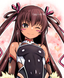  1girl black_leotard blush_stickers breasts covered_navel curvy dark-skinned_female dark_skin highleg highleg_leotard highres kanna_(minamozuki) leotard long_hair looking_at_viewer mizuki_yukikaze naughty_face one_eye_closed revealing_clothes shiny_clothes shiny_skin small_breasts solo taimanin_(series) taimanin_yukikaze tan twintails very_long_hair wide_hips wink 