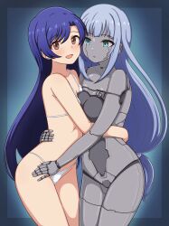  2girls absurdres android arms_around_waist bikini blue_eyes blue_hair blush breast_press breasts brown_eyes cleavage commission cowboy_shot escape_(idolmaster) expressionless fingernails highres hug idolmaster idolmaster_million_live! kisaragi_chihaya long_hair looking_at_another looking_at_viewer low-tied_long_hair mechabare medium_breasts metal_skin milliani multiple_girls open_mouth outside_border parted_lips pixiv_commission shiraishi_tsumugi small_breasts smile standing swimsuit white_bikini yuri 