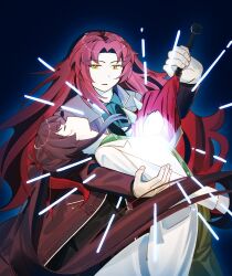  2girls absurdres arm_around_back asher11432 blue_outline brown_hair carmen_(project_moon) closed_mouth coat collared_shirt gebura_(project_moon) green_shirt grey_coat high_ponytail highres holding holding_weapon imminent_death impaled leaning_back library_of_ruina long_hair looking_at_another multiple_girls open_mouth outline ponytail popped_collar project_moon red_hair shirt sidelocks stab sword very_long_hair weapon white_coat yellow_eyes 