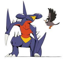  black_eyes black_sclera bright_pupils claws closed_mouth colored_sclera garchomp gen_4_pokemon nintendo no_humans on_one_knee open_mouth pokemon pokemon_(creature) pokemon_focus psaber97 starly white_background yellow_eyes 