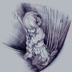 1girl bdsm blush bondage bound bound_ankles bound_legs bound_wrists bullying cleave_gag cloth_gag female_focus gag gagged improvised_gag in_locker monochrome pizza_man school_uniform serafuku shibari shoes short_hair solo spreader_bar tears uwabaki rating:Explicit score:148 user:danbooru