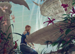 algenpfleger arm_cuffs bare_shoulders bottle bracelet brown_hair column flower fountain from_behind from_below ivy jewelry johannes_voss long_hair magic pillar solo statue rating:Sensitive score:4 user:danbooru