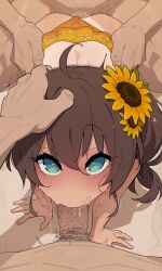 1girl 2boys absurdres all_fours aqua_eyes ass bare_shoulders bikini blush brown_hair doggystyle double_penetration fellatio flower hair_flower hair_ornament heart heart-shaped_pupils hetero highres hololive kakure_eria loli looking_at_viewer medium_hair multiple_boys natsuiro_matsuri natsuiro_matsuri_(hololive_summer_2019) oral orange_bikini penis pov pov_crotch pov_hands sex sex_from_behind side_ponytail solo_focus spitroast sunflower swimsuit symbol-shaped_pupils tan torso_grab uncensored veins veiny_penis virtual_youtuber rating:Explicit score:736 user:danbooru