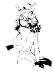  1girl absurdres ahoge alternate_costume animal_ears ass bare_back black_gloves breasts daring_tact_(umamusume) ear_ornament gloves hair_ornament herohero_(higashi_no_dou) highres horse_ears horse_girl horse_tail large_breasts leotard medium_hair monochrome playboy_bunny solo star_(symbol) star_hair_ornament tail umamusume white_background 