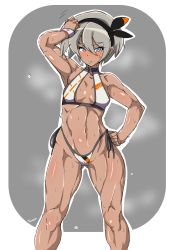  1girl absurdres armpits bea_(pokemon) bikini black_hairband bow_hairband breasts dark-skinned_female dark_skin feet_out_of_frame grey_background grey_eyes grey_hair gym_leader hair_between_eyes hairband highres muscular muscular_female navel nintendo pokemon pokemon_swsh print_bikini short_hair side-tie_bikini_bottom simple_background small_breasts steaming_body sweat swimsuit tavor_(m_tavor)  rating:Sensitive score:64 user:danbooru