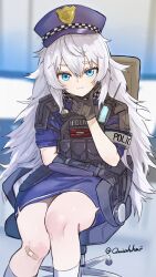  1girl :3 ammunition_belt ammunition_pouch armband asymmetrical_gloves bandaid bandaid_on_knee bandaid_on_leg black_gloves blue_eyes blue_shirt blue_skirt blush bulletproof_vest chair elbow_gloves gloves goddess_of_victory:_nikke hand_on_own_chin hat highres indoors kunimoto_rikuya long_hair looking_at_viewer office_chair pencil_skirt poli_(nikke) police police_hat police_uniform policewoman pouch raised_eyebrow shirt shoulder_pads single_elbow_glove sitting skirt smug socks swivel_chair twitter_username uneven_gloves very_long_hair walkie-talkie white_hair white_socks window 