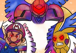 alternate_eye_color alternate_hair_color angry armor corruption crossover dark_persona facial_hair galeem gen_1_pokemon glowing glowing_eyes hal_laboratory helmet highres kiravera8 long_hair looking_at_viewer mario mario_(series) metroid multicolored_clothes multicolored_hair multicolored_wings mustache nintendo open_mouth pikachu pokemon pokemon_(creature) possessed possession power_armor power_suit_(metroid) red_eyes samus_aran super_smash_bros. varia_suit watermark wings rating:Sensitive score:1 user:danbooru