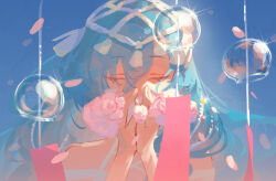  1girl 37_(down_in_the_grotto)_(reverse:1999) 37_(reverse:1999) bare_shoulders blue_background blue_hair closed_eyes facing_viewer falling_petals flower glint hair_between_eyes hair_ornament hands_on_own_face hands_up highres kubing_aaa long_hair official_alternate_costume petals pink_flower reverse:1999 solo upper_body wind_chime 
