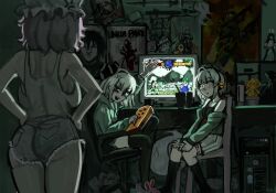  103anon 2b_(nier:automata) 3girls alternate_costume backboob bedroom black_hairband breasts casual commentary commission controller denim denim_shorts game_controller ghost green_jacket hairband highres indoors jacket kochiya_sanae konpaku_youmu konpaku_youmu_(ghost) linkin_park looking_at_another multiple_girls nier:automata nier_(series) saigyouji_yuyuko shameimaru_aya shirt shorts touhou touhou_hisoutensoku white_shirt 