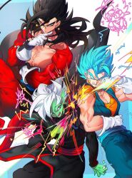  black_hair blue_eyes blue_sash closed_mouth dougi dragon_ball dragon_ball_heroes dragon_ball_super earrings fused_zamasu gloves highres jewelry long_hair male_focus monkey_boy monkey_tail multiple_boys muscular muscular_male ommmyoh open_mouth pants potara_earrings red_fur saiyan sash spiked_hair super_saiyan super_saiyan_4 super_saiyan_blue tail time_patrol_(dragon_ball) twitter_username vegetto vegetto_(xeno) 
