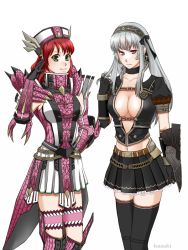 2girls armor artist_request belt breasts capcom cleavage female_focus flora_(monster_hunter) green_eyes md5_mismatch meran_(armor) monster_hunter_(series) monster_hunter_frontier multiple_girls natasha_(monster_hunter) purple_eyes red_hair resized rioduo_(armor) silver_hair skirt tagme