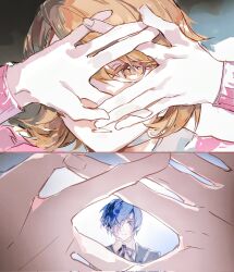  1boy 1girl black_jacket black_ribbon blue_eyes blue_hair brown_eyes brown_hair cardigan choker close-up commentary_request flipped_hair gekkoukan_high_school_uniform hair_between_eyes hair_over_one_eye heart heart_choker highres jacket looking_at_another looking_at_viewer looking_through_fingers neck_ribbon parted_lips persona persona_3 pink_cardigan pov pov_hands ribbon school_uniform shirt short_hair surielye takeba_yukari upper_body white_choker white_shirt yuuki_makoto_(persona_3) 