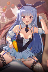  1boy 1girl :d animal_ears bare_shoulders barefoot black_hairband black_necktie black_shirt blanket blue_hair blue_skirt blunt_bangs blush breasts center_frills detached_collar detached_sleeves fake_animal_ears fishnet_thighhighs fishnets food frills fruit fujita_kanbe garter_straps girl_on_top hairband hat hololive indoors kotatsu long_hair looking_at_viewer mandarin_orange medium_breasts mini_hat mini_top_hat miniskirt necktie official_alternate_costume open_mouth orange_eyes petticoat pleated_skirt pov puffy_short_sleeves puffy_sleeves rabbit_ears shirt short_eyebrows short_necktie short_sleeves skirt smile spread_legs straddling table table_flip thighhighs thighs tilted_headwear top_hat usada_pekora usada_pekora_(furi_furi_bunny_dress) very_long_hair virtual_youtuber wrist_cuffs 