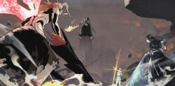  2boys 2girls aged_up alternate_costume alternate_form alternate_universe armor bald battle beard black_hair black_hakama black_kimono bleach brother_and_sister brown_hair clenched_teeth colored_skin commentary commission dakaeya demon_boy demon_horns demon_tail dual_wielding energy_weapon energy_wings english_commentary facial_hair fighting_stance fire floating_hair full_body fur-trimmed_sleeves fur_trim glowing glowing_sword glowing_weapon hakama highres holding holding_sword holding_weapon hollow_ichigo horns japanese_clothes katana kimono kurosaki_ichigo kurosaki_karin kurosaki_yuzu long_beard long_hair long_sleeves low_twintails mask medium_hair multiple_boys multiple_girls muscular muscular_male old old_man orange_hair outdoors profile pyrokinesis ryuujin_jakka_(shikai) second-party_source shikai siblings sisters smoke standing sword tail teeth topless_male torn_clothes torn_hakama twins twintails weapon white_skin wide_sleeves yamamoto-genryuusai_shigekuni 