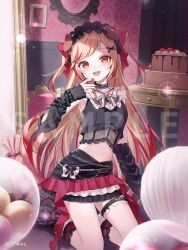  1girl :d animal_ears balloon black_hairband black_shirt black_skirt black_sleeves blonde_hair cake commentary_request copyright_notice detached_sleeves dog_ears dog_girl fangs fingernails food frilled_hairband frilled_skirt frills full_body gem hair_ornament hairband hand_up heart-shaped_gem highres kneeling light_blush long_hair looking_at_viewer midriff miniskirt momoshiki_tsubaki multicolored_hair nanashi_inc. navel neck_ribbon official_art open_mouth red_gemstone red_hair red_nails ribbon sample_watermark seshima_rui shirt skirt sleeveless sleeveless_shirt sleeves_past_wrists smile solo sparkle teeth upper_teeth_only virtual_youtuber watermark white_ribbon x_hair_ornament 
