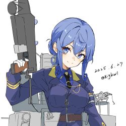  1girl absurdres adapted_turret aircraft_catapult anti-aircraft anti-aircraft_gun bigkwl blue_eyes blue_hair blue_jacket blush breasts cannon dated finger_on_trigger gloves gotland_(kancolle) hair_between_eyes hair_bun highres jacket kantai_collection long_hair long_sleeves looking_at_viewer machinery military_uniform mole mole_under_eye rigging ship_turret single_hair_bun sketch smile smokestack solo twitter_username upper_body white_gloves 