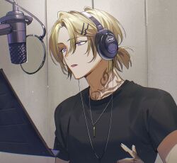  1boy :o black_shirt blonde_hair commentary english_commentary fang hair_between_eyes hair_ornament hairclip headphones highres indoors jewelry kaohom503 low_ponytail luca_kaneshiro male_focus microphone music_stand neck_tattoo necklace nijisanji nijisanji_en open_mouth parted_bangs ponytail pop_filter purple_eyes shirt short_hair short_ponytail short_sleeves solo studio_microphone tattoo upper_body virtual_youtuber 