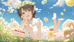  1girl :d alternate_costume aqua_eyes balloon barefoot bird birthday_cake black_hair blue_eyes blue_sky blush breasts brown_hair cake center_frills cloud collared_dress commentary_request copyright_name copyright_notice cup day dress drinking_glass drinking_straw duck falling_petals feet feet_up flask flower flower_wreath food frilled_dress frills fruit grass hair_ribbon hand_on_own_cheek hand_on_own_face happy_birthday head_on_hand head_wreath highres holding holding_spoon hololive looking_at_viewer lying medium_breasts nail_polish nijihashi_sora official_art on_stomach oozora_subaru open_mouth orange_(fruit) orange_slice outdoors parted_bangs petals picnic_basket pink_nails ribbon short_hair sky sleeveless sleeveless_dress smile soles solo spoon strawberry_cake strawberry_shortcake suba_tomo_(oozora_subaru) sundress teeth the_pose toes upper_teeth_only virtual_youtuber white_dress white_flower white_ribbon 