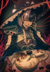  1girl absurdres black_arm_warmers black_choker black_dress black_hair black_nails book breasts cecilia_immergreen choker cloak dress elisbian elizabeth_rose_bloodflame enigmatic_recollection food fuwawa_abyssgard gigi_murin grey_hair hat highres hololive hololive_english koseki_bijou large_breasts long_hair mococo_abyssgard multicolored_hair nerissa_ravencroft open_mouth ouro_kronii pie pie_slice plate quill raora_panthera ribbon shiori_novella shiori_novella_(1st_costume) solo split-color_hair striped_arm_warmers two-tone_hair virtual_youtuber white_cloak white_ribbon witch_hat yellow_eyes 