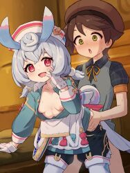  1boy 1girl animal_ears blue_hair blush bow breasts brown_hair chiwino genshin_impact gloves green_eyes hat hetero highres kodomo_doushi loli long_sleeves low_twintails nipples no_bra nurse_cap open_mouth red_eyes sex sex_from_behind shota sigewinne_(genshin_impact) small_breasts smile standing standing_sex sweat tail thighhighs torso_grab twintails white_gloves white_hat white_thighhighs  rating:Explicit score:228 user:danbooru