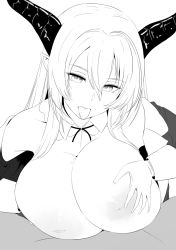 10s 1girl beast_dominator breasts female_focus gloves greyscale hair_between_eyes highres horns huge_breasts inverted_nipples large_areolae long_hair looking_at_viewer monochrome naozuri nipples paizuri pointy_ears shadowverse shingeki_no_bahamut solo solo_focus rating:Explicit score:35 user:danbooru