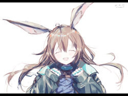  1girl :d ^_^ absurdres ahoge amiya_(arknights) animal_ears arknights ascot black_jacket black_shirt blue_ascot brown_hair closed_eyes commentary dated dot_nose english_commentary facing_viewer hair_between_eyes hands_up happy highres infection_monitor_(arknights) jacket jewelry letterboxed light_blush long_hair multiple_rings open_mouth pppmepl rabbit_ears ring shirt sidelocks signature sleeves_past_wrists smile solo white_background 